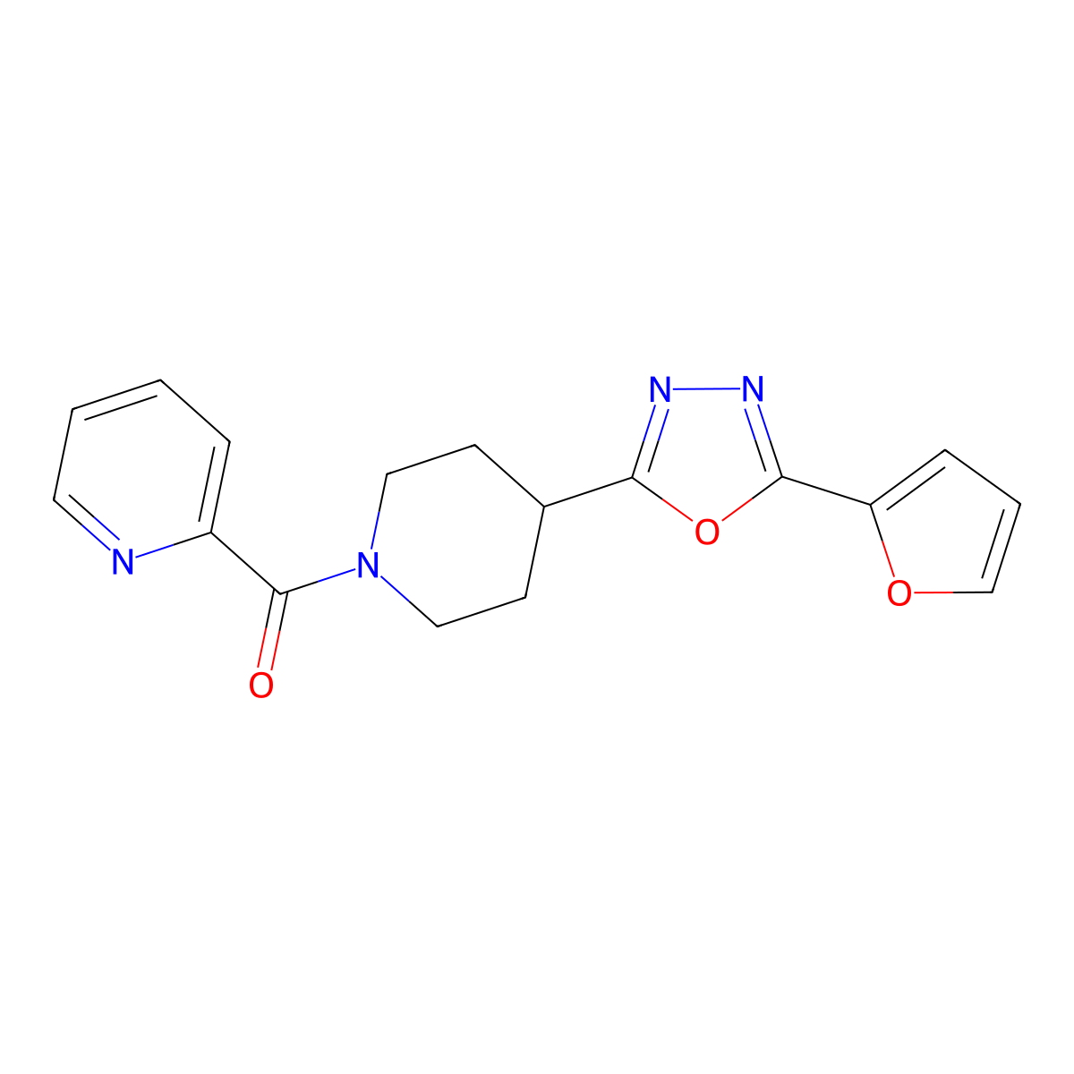 (4-(5-(Furan-2-yl)-1,3,4-oxadiazol-2-yl)piperidin-1-yl)(pyridin-2-yl)methanone molecular structure, CAS 1209940-50-0