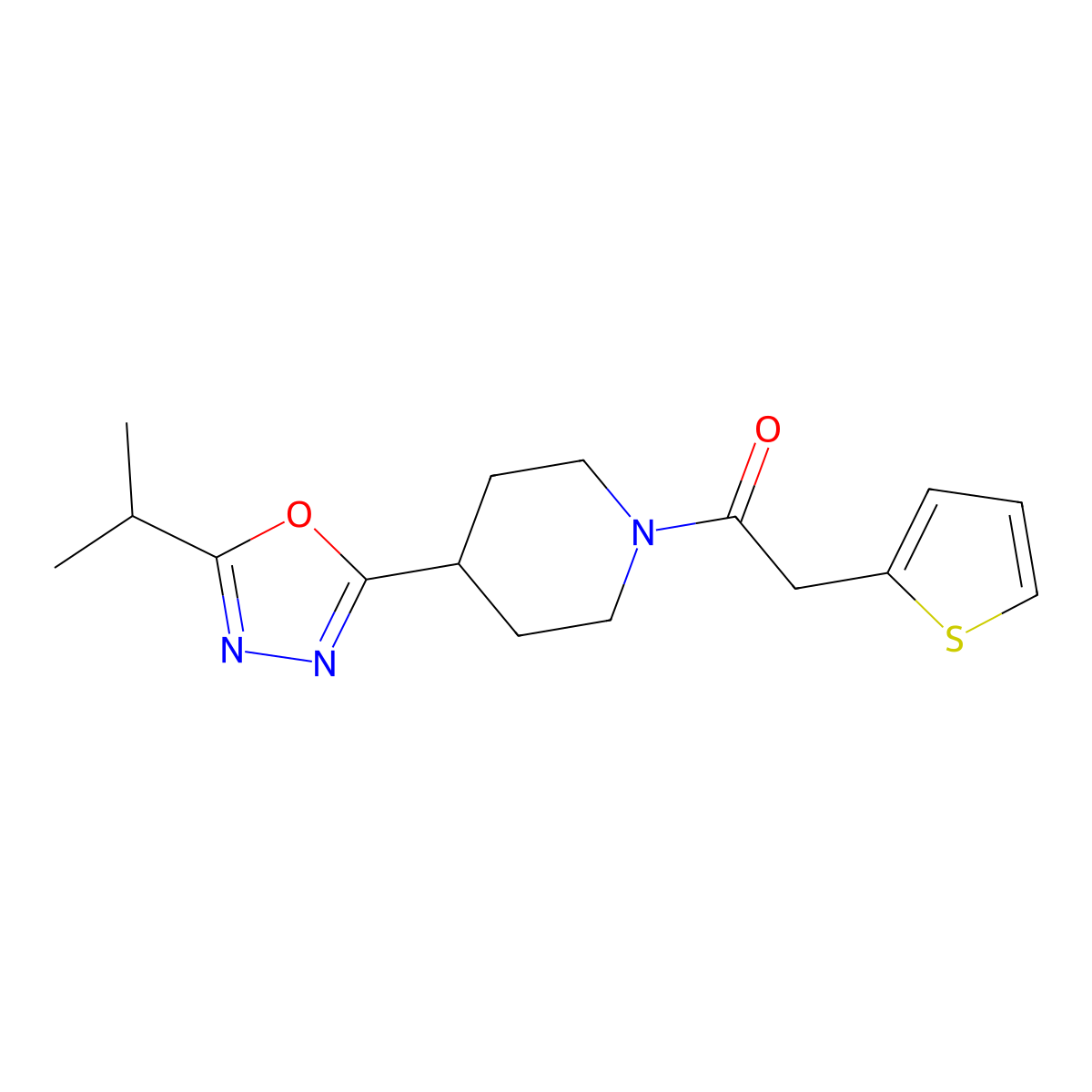 1-{4-[5-(Propan-2-yl)-1,3,4-oxadiazol-2-yl]piperidin-1-yl}-2-(thiophen-2-yl)ethan-1-one molecular structure, CAS 1209943-12-3