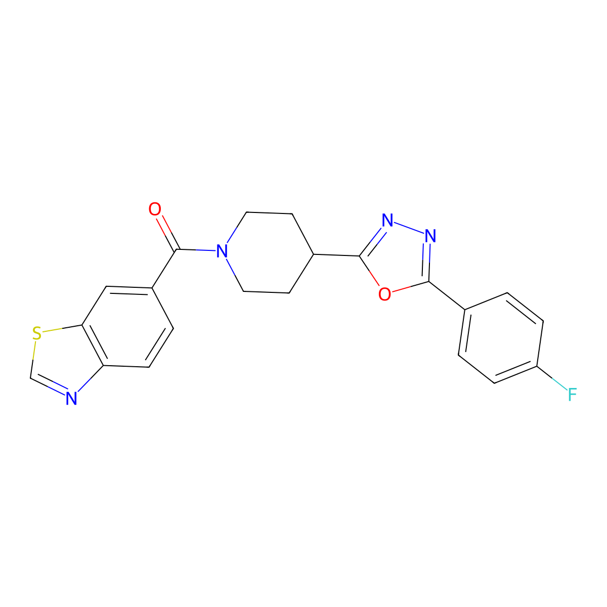 Benzo[d]thiazol-6-yl(4-(5-(4-fluorophenyl)-1,3,4-oxadiazol-2-yl)piperidin-1-yl)methanone molecular structure, CAS 1209949-89-2