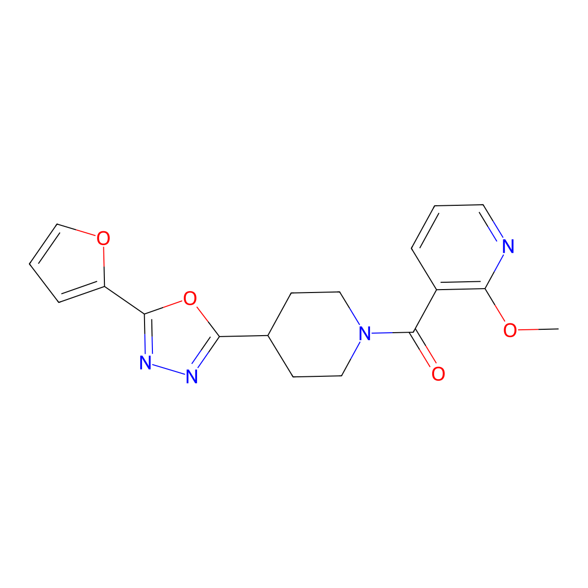 3-{4-[5-(Furan-2-yl)-1,3,4-oxadiazol-2-yl]piperidine-1-carbonyl}-2-methoxypyridine molecular structure, CAS 1209956-80-8