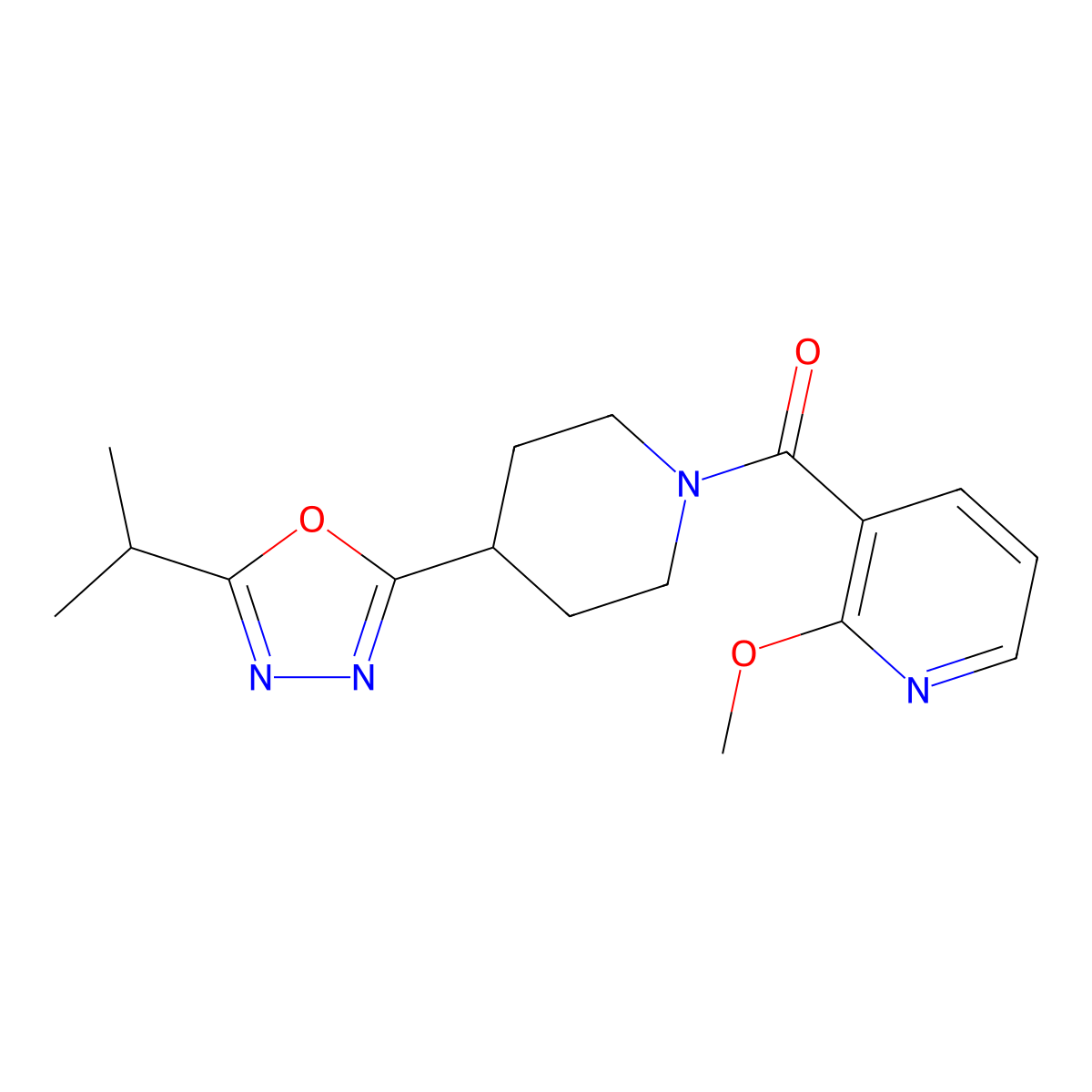 (4-(5-Isopropyl-1,3,4-oxadiazol-2-yl)piperidin-1-yl)(2-methoxypyridin-3-yl)methanone molecular structure, CAS 1209961-54-5