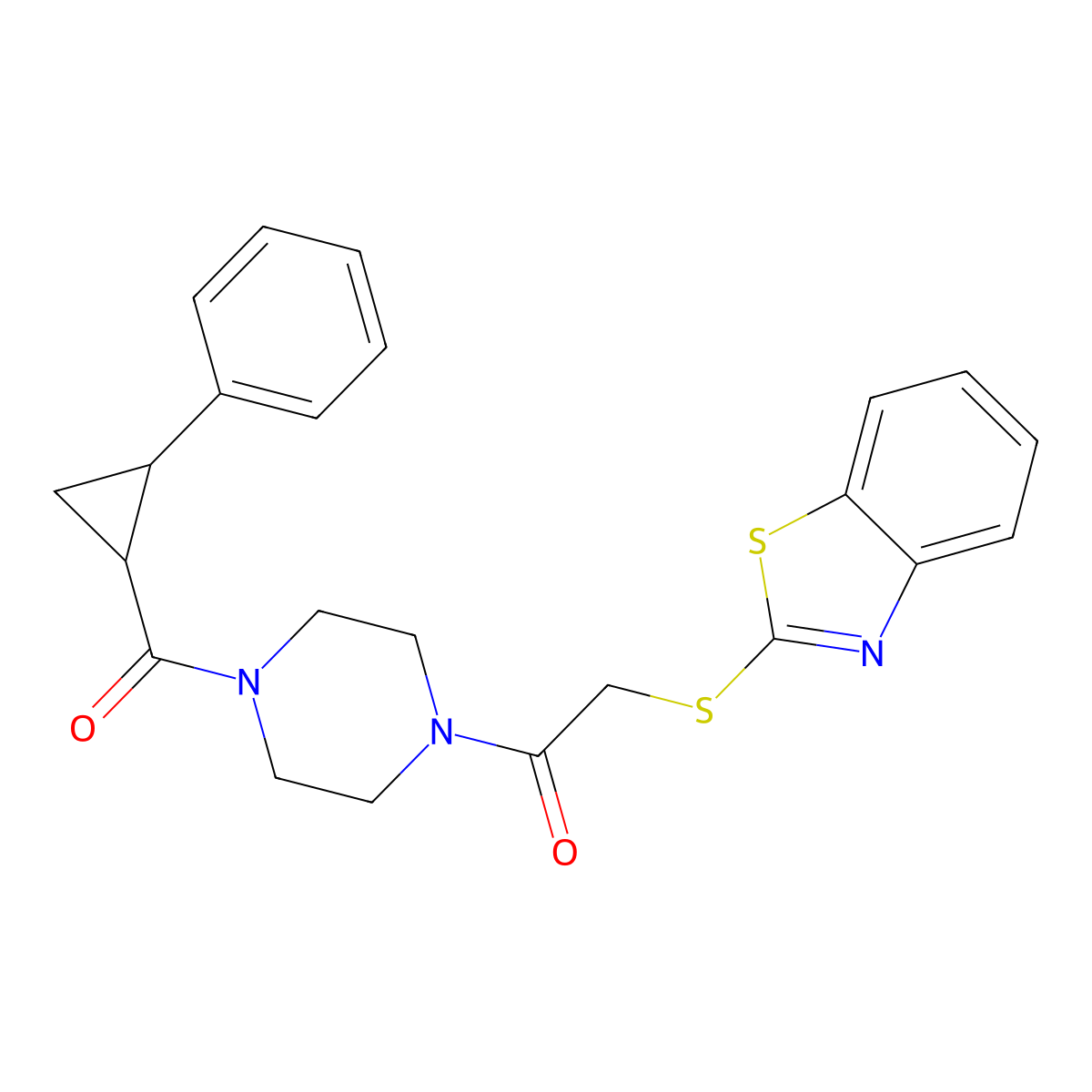 2-(Benzo[d]thiazol-2-ylthio)-1-(4-(2-phenylcyclopropanecarbonyl)piperazin-1-yl)ethanone molecular structure, CAS 1209967-57-6