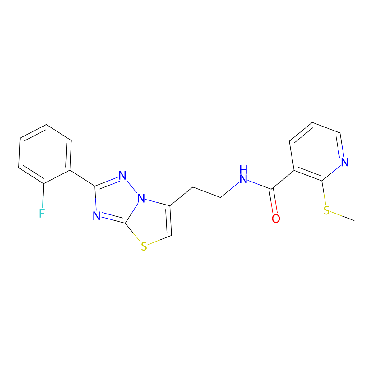 N-(2-(2-(2-fluorophenyl)thiazolo[3,2-b][1,2,4]triazol-6-yl)ethyl)-2-(methylthio)nicotinamide molecular structure, CAS 1209977-76-3