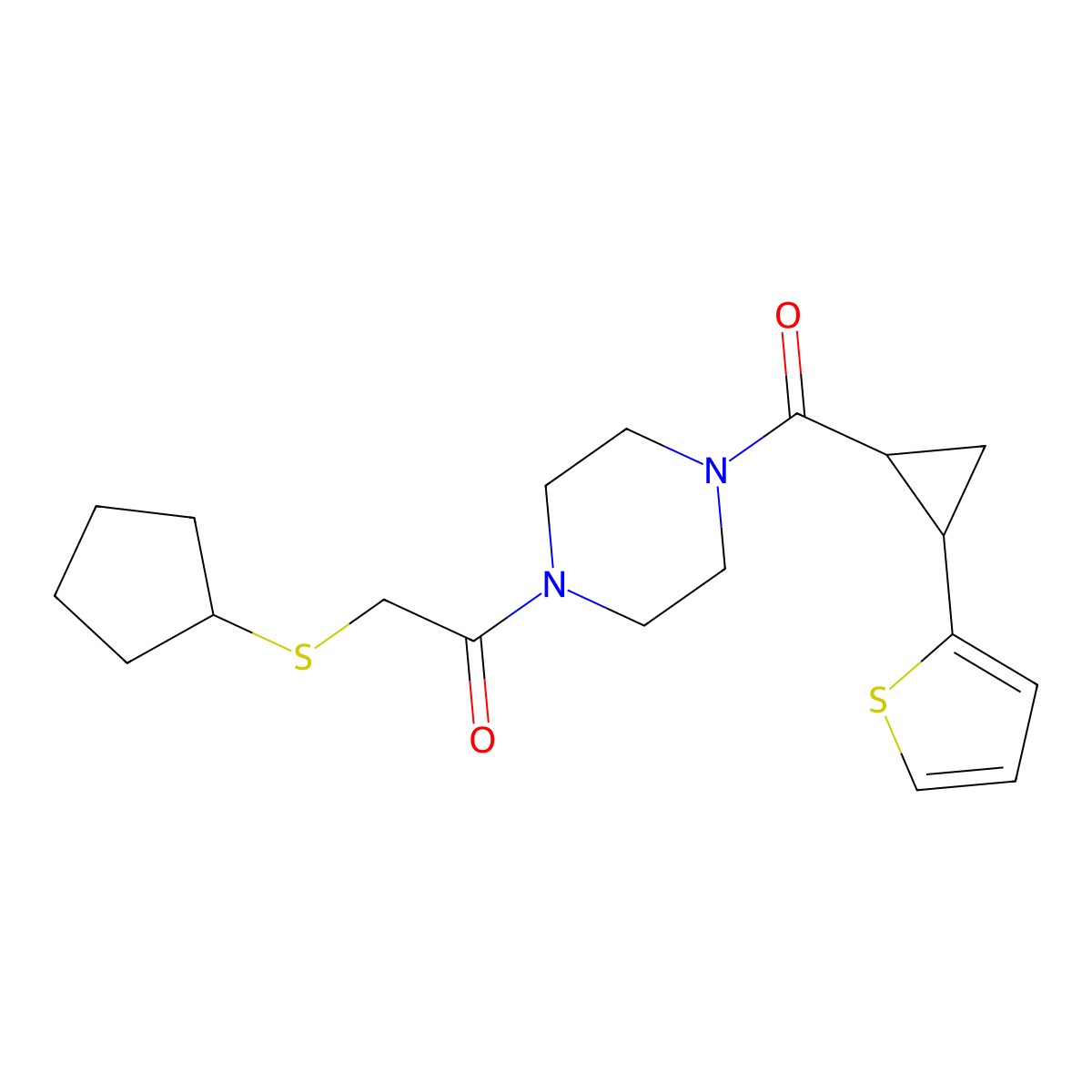 2-(Cyclopentylthio)-1-(4-(2-(thiophen-2-yl)cyclopropanecarbonyl)piperazin-1-yl)ethanone molecular structure, CAS 1209981-00-9