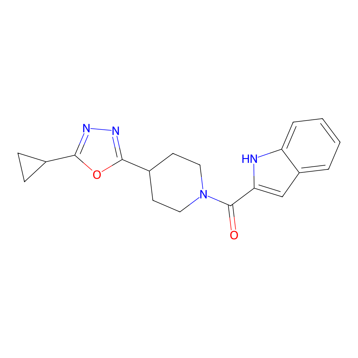 (4-(5-cyclopropyl-1,3,4-oxadiazol-2-yl)piperidin-1-yl)(1H-indol-2-yl)methanone molecular structure, CAS 1209981-65-6