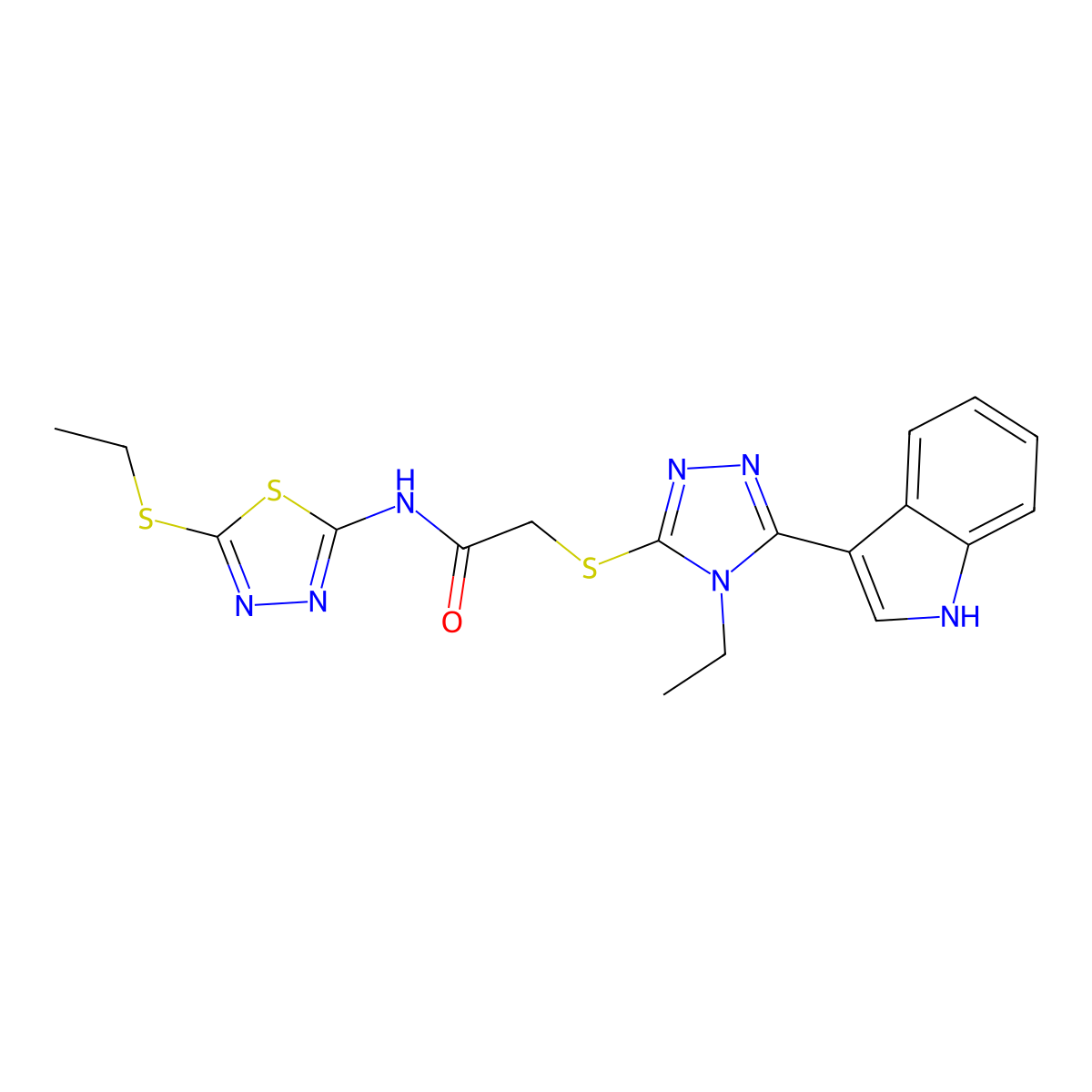 2-((4-ethyl-5-(1H-indol-3-yl)-4H-1,2,4-triazol-3-yl)thio)-N-(5-(ethylthio)-1,3,4-thiadiazol-2-yl)acetamide molecular structure, CAS 1209984-63-3