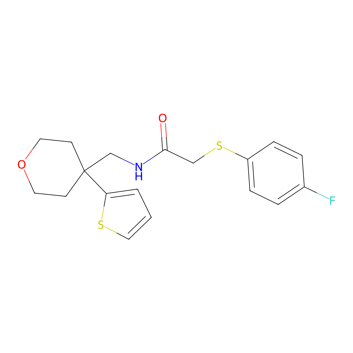 2-((4-fluorophenyl)thio)-N-((4-(thiophen-2-yl)tetrahydro-2H-pyran-4-yl)methyl)acetamide molecular structure, CAS 1209986-91-3