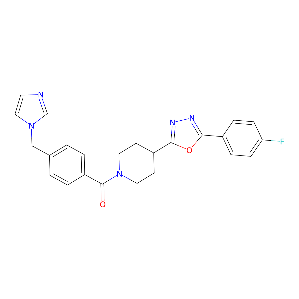 (4-((1H-imidazol-1-yl)methyl)phenyl)(4-(5-(4-fluorophenyl)-1,3,4-oxadiazol-2-yl)piperidin-1-yl)methanone molecular structure, CAS 1209994-02-4
