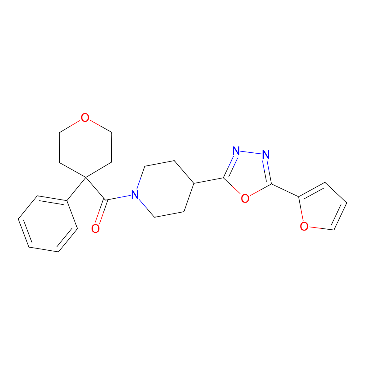 (4-(5-(furan-2-yl)-1,3,4-oxadiazol-2-yl)piperidin-1-yl)(4-phenyltetrahydro-2H-pyran-4-yl)methanone molecular structure, CAS 1209994-24-0