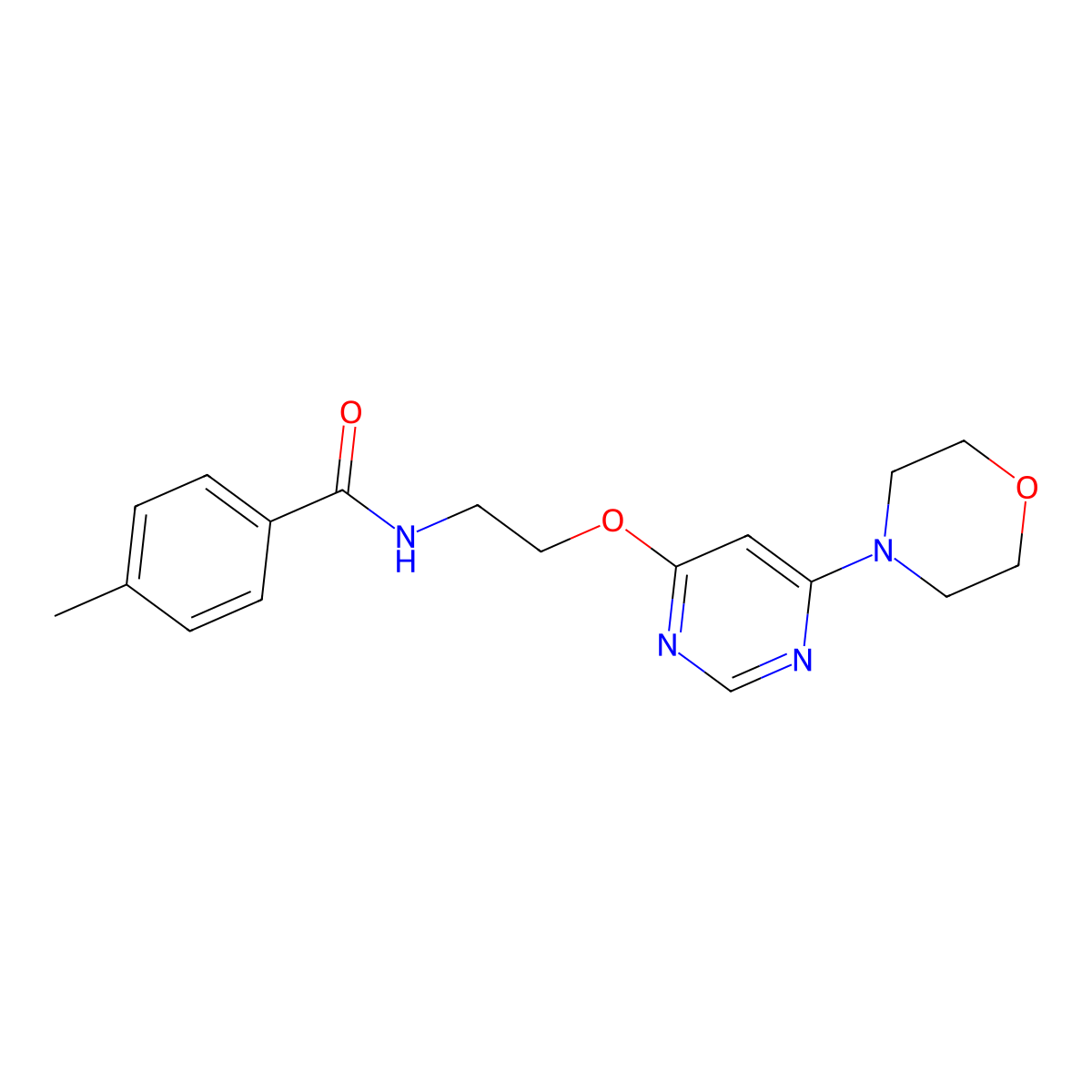 4-methyl-N-(2-((6-morpholinopyrimidin-4-yl)oxy)ethyl)benzamide molecular structure, CAS 1209998-09-3