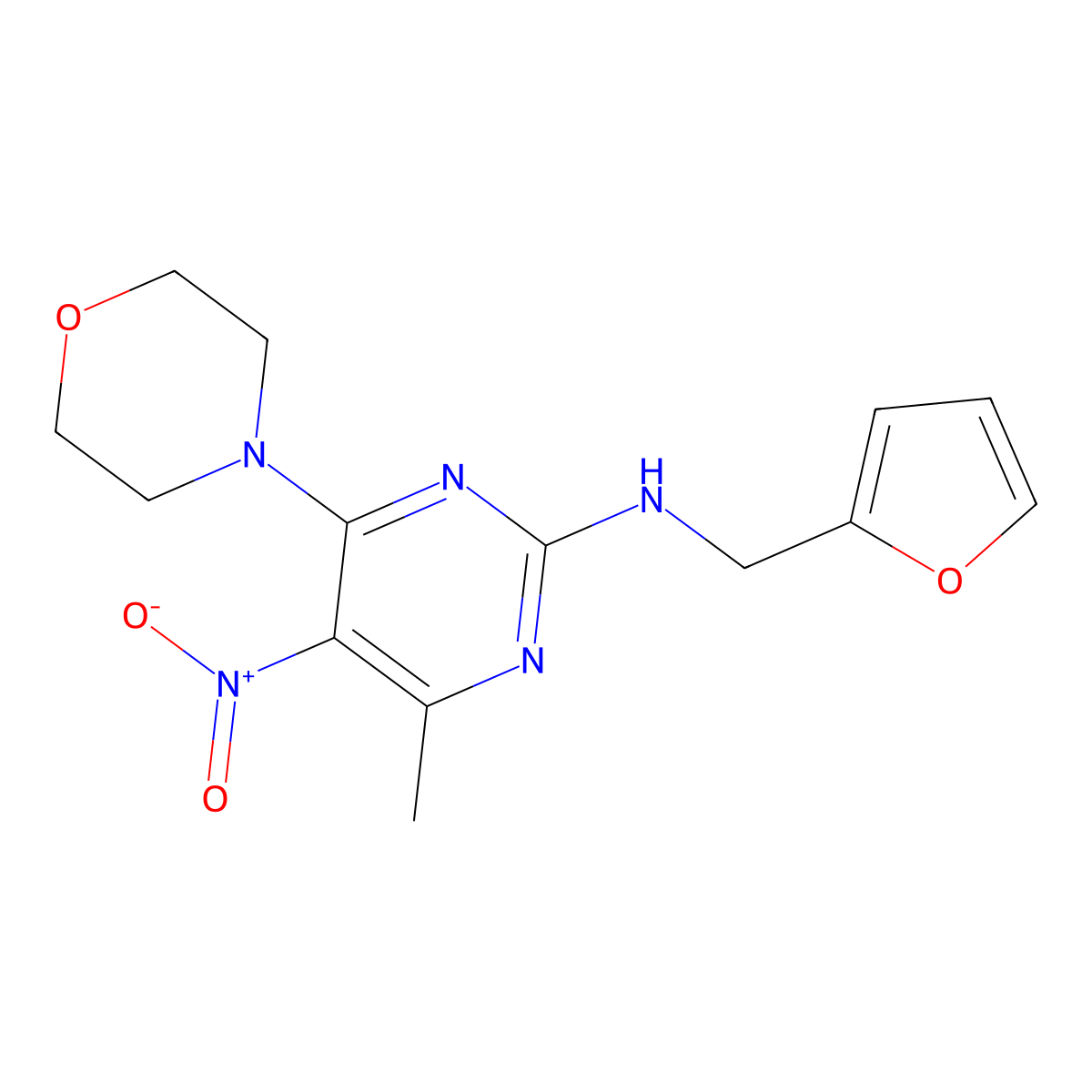 N-(furan-2-ylmethyl)-4-methyl-6-morpholino-5-nitropyrimidin-2-amine molecular structure, CAS 1210000-03-5
