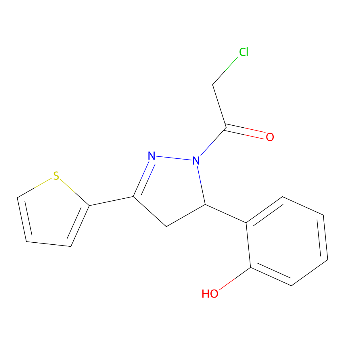 2-chloro-1-[5-(2-hydroxyphenyl)-3-(thiophen-2-yl)-4,5-dihydro-1H-pyrazol-1-yl]ethan-1-one molecular structure, CAS 1210000-40-0