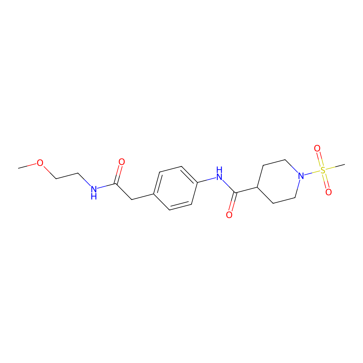 N-(4-(2-((2-methoxyethyl)amino)-2-oxoethyl)phenyl)-1-(methylsulfonyl)piperidine-4-carboxamide molecular structure, CAS 1210001-89-0