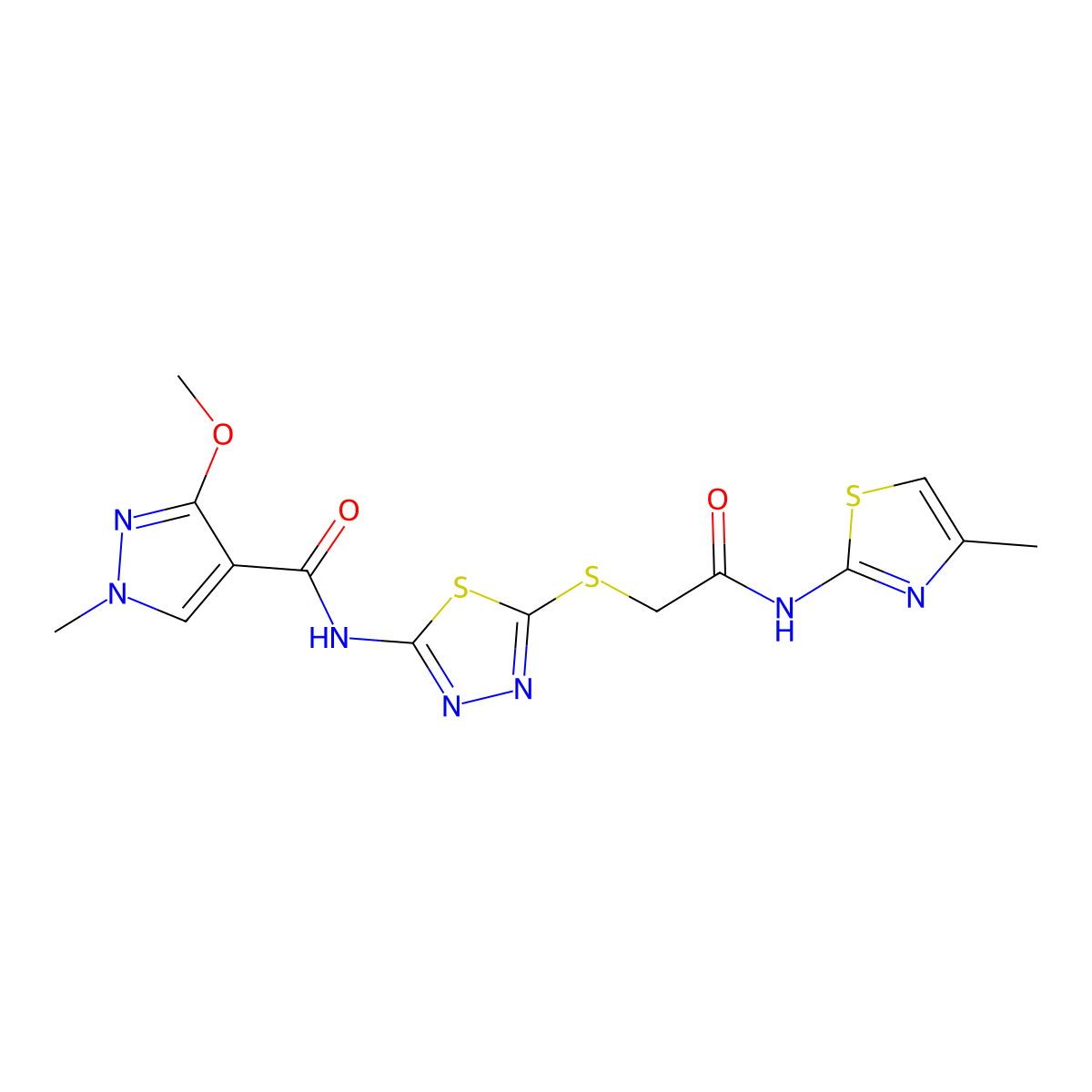 3-methoxy-1-methyl-N-[5-({[(4-methyl-1,3-thiazol-2-yl)carbamoyl]methyl}sulfanyl)-1,3,4-thiadiazol-2-yl]-1H-pyrazole-4-carboxamide molecular structure, CAS 1210003-93-2