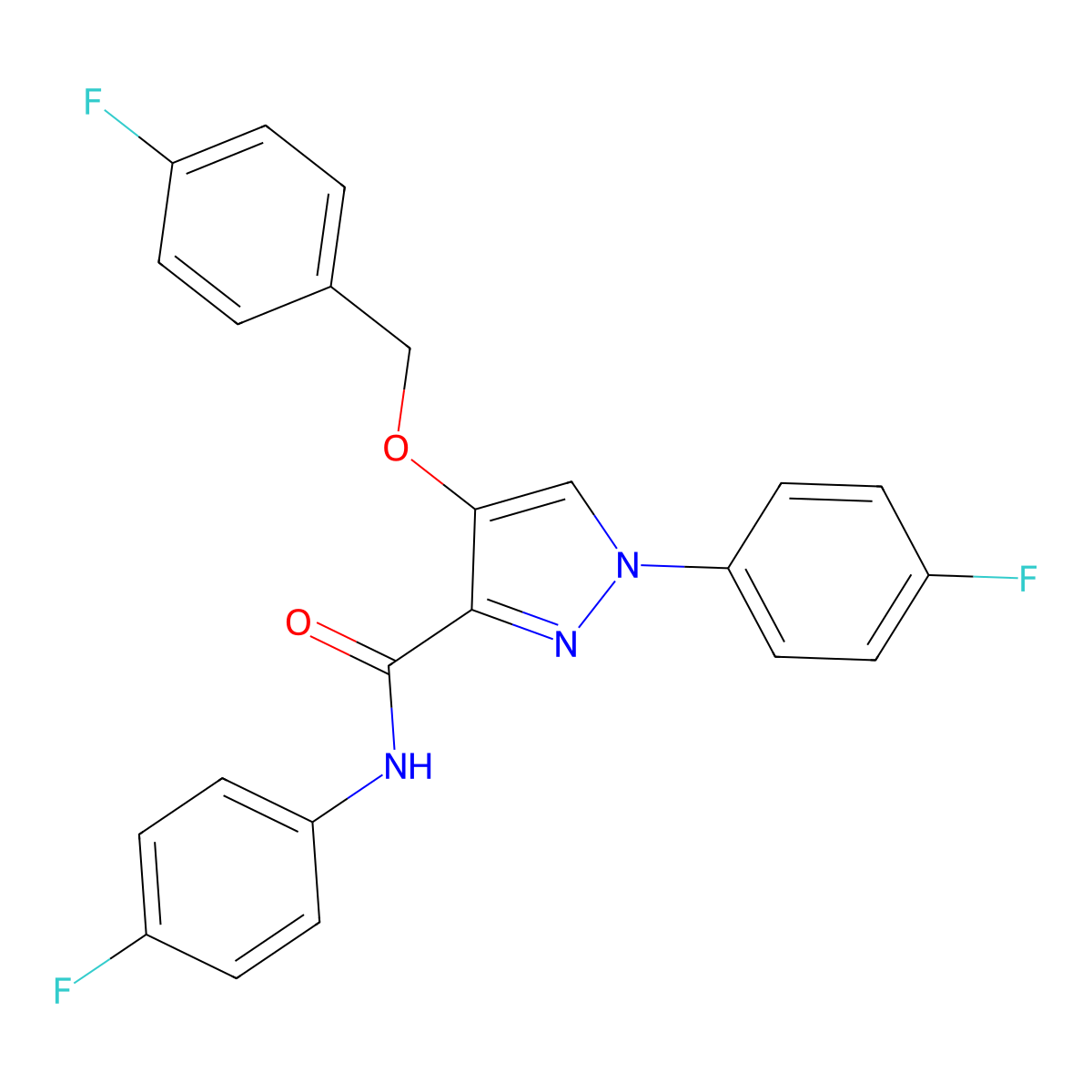 4-((4-fluorobenzyl)oxy)-N,1-bis(4-fluorophenyl)-1H-pyrazole-3-carboxamide molecular structure, CAS 1210011-30-5