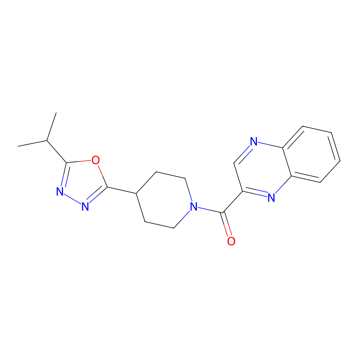 (4-(5-Isopropyl-1,3,4-oxadiazol-2-yl)piperidin-1-yl)(quinoxalin-2-yl)methanone molecular structure, CAS 1210015-50-1