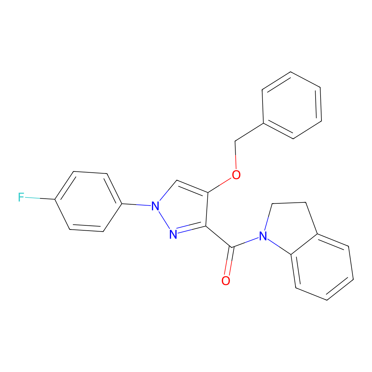(4-(benzyloxy)-1-(4-fluorophenyl)-1H-pyrazol-3-yl)(indolin-1-yl)methanone molecular structure, CAS 1210023-09-8