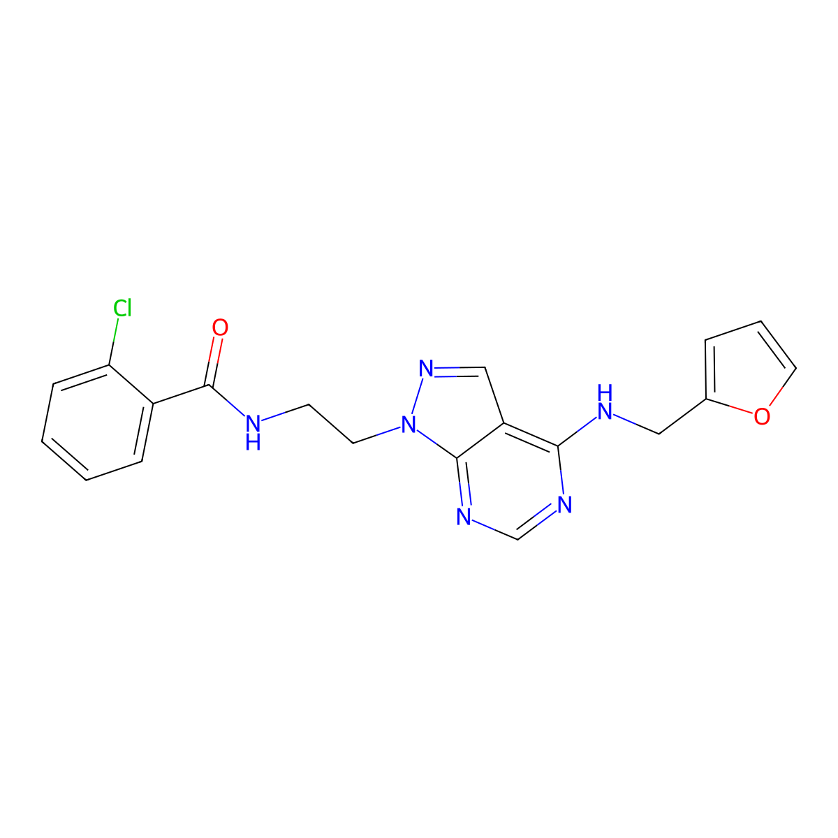 2-chloro-N-(2-(4-((furan-2-ylmethyl)amino)-1H-pyrazolo[3,4-d]pyrimidin-1-yl)ethyl)benzamide molecular structure, CAS 1210032-11-3