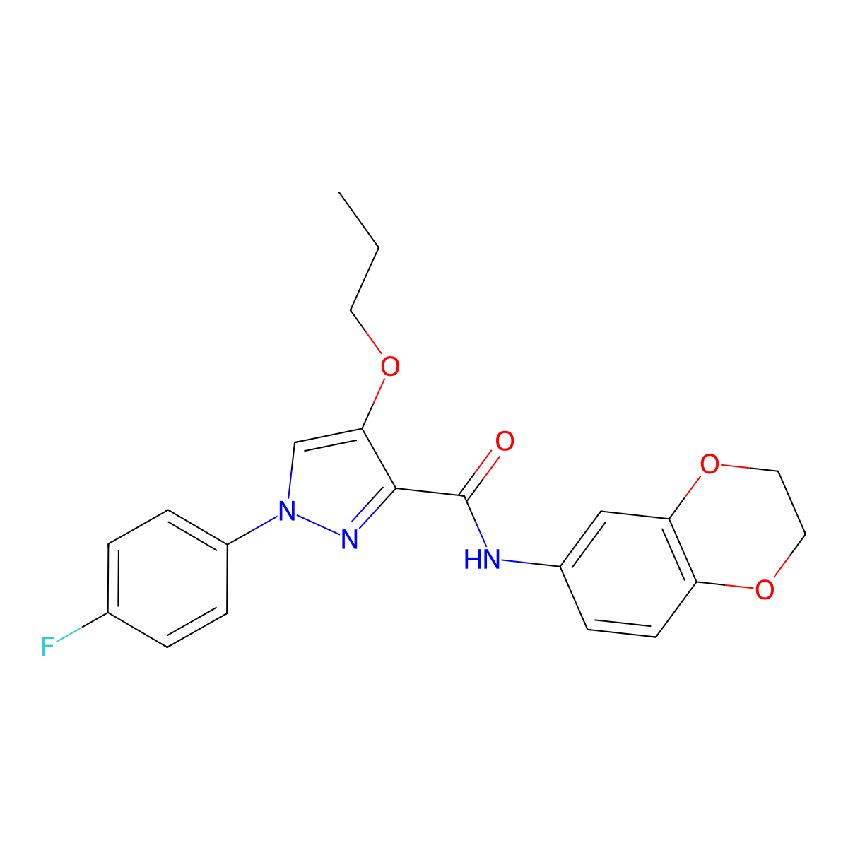 N-(2,3-dihydrobenzo[b][1,4]dioxin-6-yl)-1-(4-fluorophenyl)-4-propoxy-1H-pyrazole-3-carboxamide molecular structure, CAS 1210032-14-6