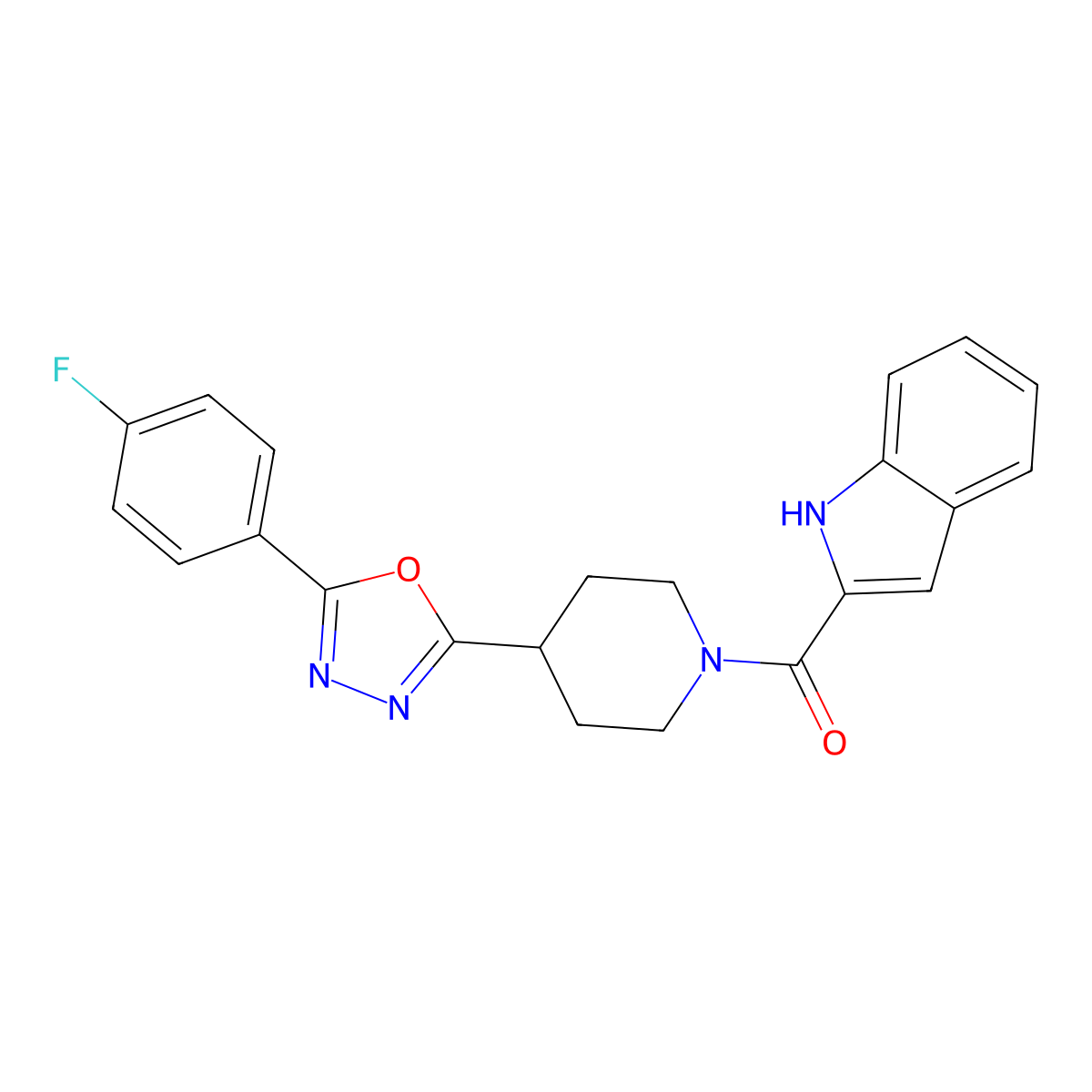 (4-(5-(4-fluorophenyl)-1,3,4-oxadiazol-2-yl)piperidin-1-yl)(1H-indol-2-yl)methanone molecular structure, CAS 1210032-89-5