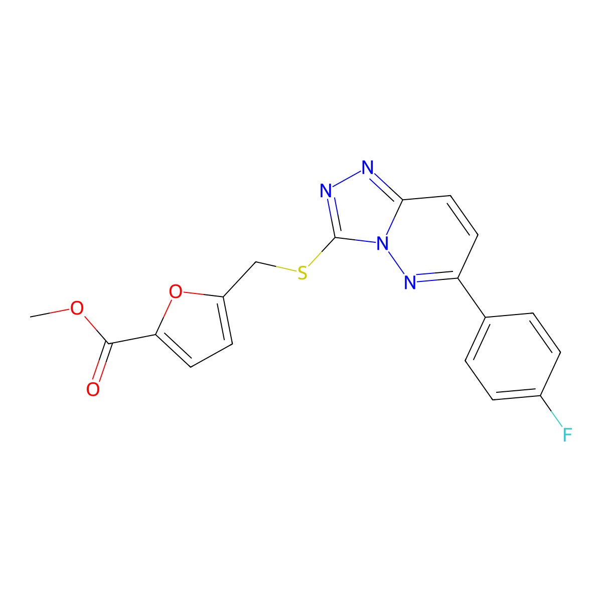Methyl 5-(((6-(4-fluorophenyl)-[1,2,4]triazolo[4,3-b]pyridazin-3-yl)thio)methyl)furan-2-carboxylate molecular structure, CAS 1210131-94-4