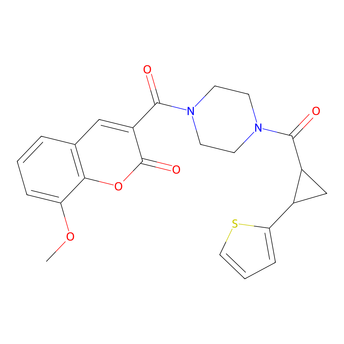 8-methoxy-3-{4-[2-(thiophen-2-yl)cyclopropanecarbonyl]piperazine-1-carbonyl}-2H-chromen-2-one molecular structure, CAS 1210143-29-5