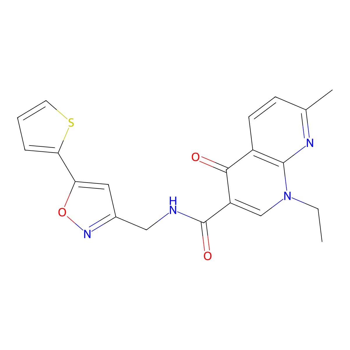 1-ethyl-7-methyl-4-oxo-N-((5-(thiophen-2-yl)isoxazol-3-yl)methyl)-1,4-dihydro-1,8-naphthyridine-3-carboxamide molecular structure, CAS 1210144-99-2