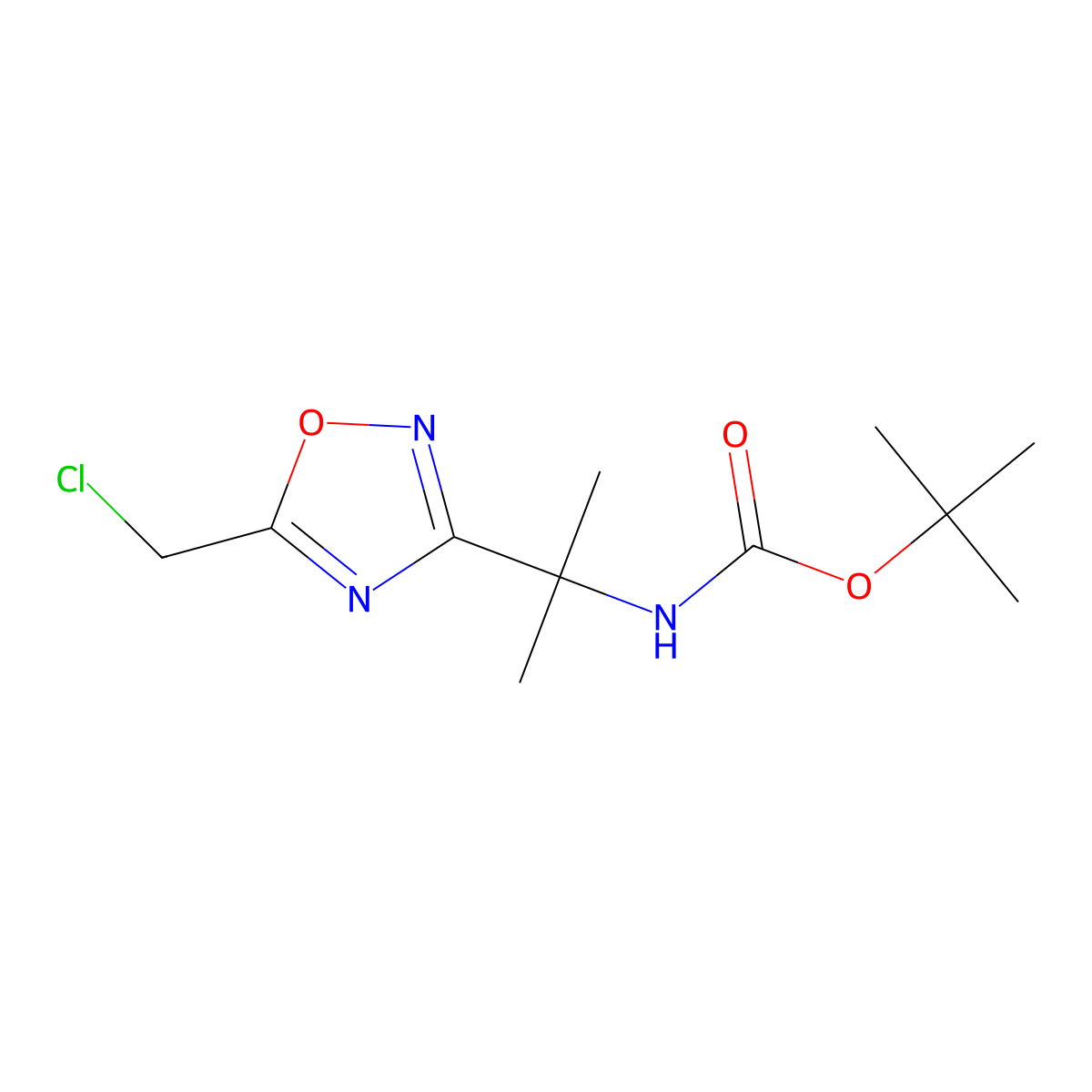 tert-butyl N-(2-(5-(chloromethyl)-1,2,4-oxadiazol-3-yl)propan-2-yl)carbamate molecular structure, CAS 1210153-70-0