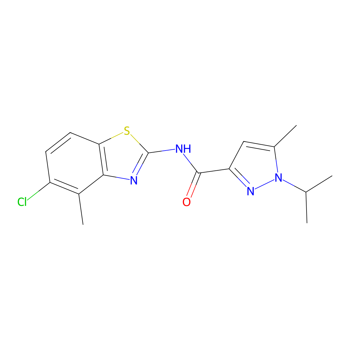 N-(5-chloro-4-methylbenzo[d]thiazol-2-yl)-1-isopropyl-5-methyl-1H-pyrazole-3-carboxamide molecular structure, CAS 1210164-13-8