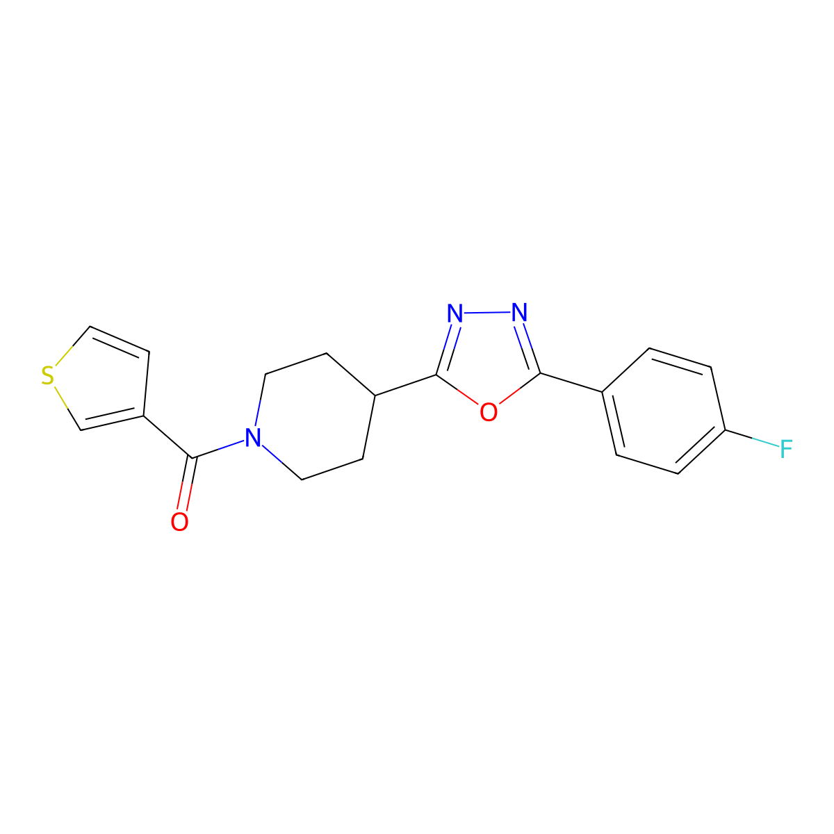 (4-(5-(4-Fluorophenyl)-1,3,4-oxadiazol-2-yl)piperidin-1-yl)(thiophen-3-yl)methanone molecular structure, CAS 1210165-68-6