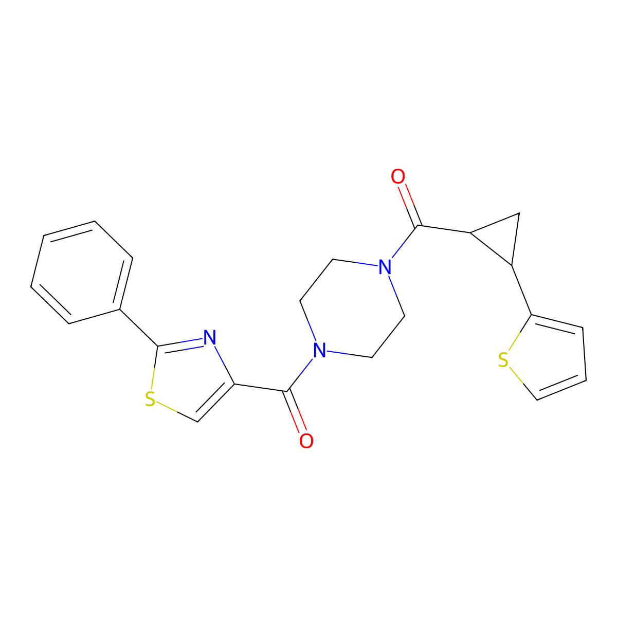 (2-Phenylthiazol-4-yl)(4-(2-(thiophen-2-yl)cyclopropanecarbonyl)piperazin-1-yl)methanone molecular structure, CAS 1210165-88-0