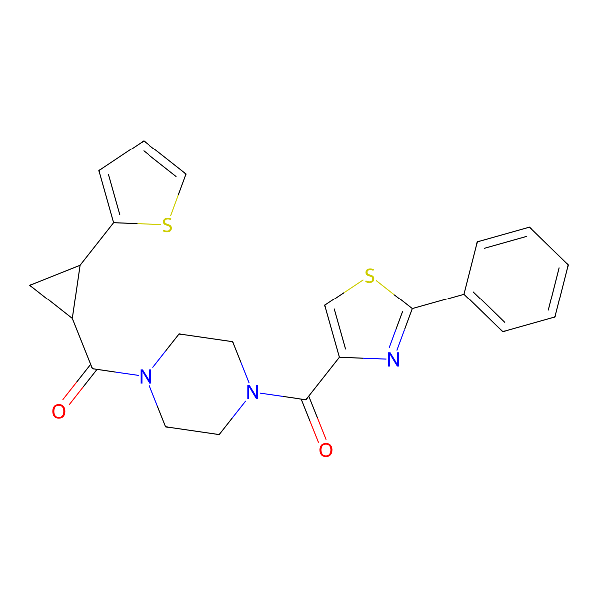 (2-Phenylthiazol-4-yl)(4-(2-(thiophen-2-yl)cyclopropanecarbonyl)piperazin-1-yl)methanone molecular structure, CAS 1210165-88-0