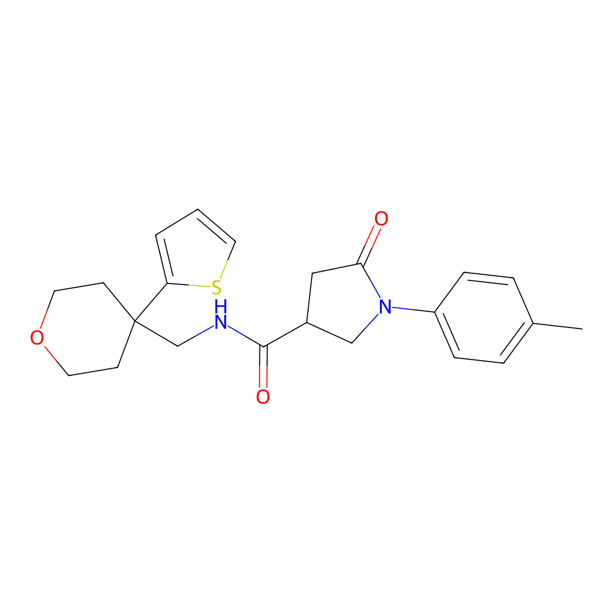 5-oxo-N-((4-(thiophen-2-yl)tetrahydro-2H-pyran-4-yl)methyl)-1-(p-tolyl)pyrrolidine-3-carboxamide molecular structure, CAS 1210168-21-0