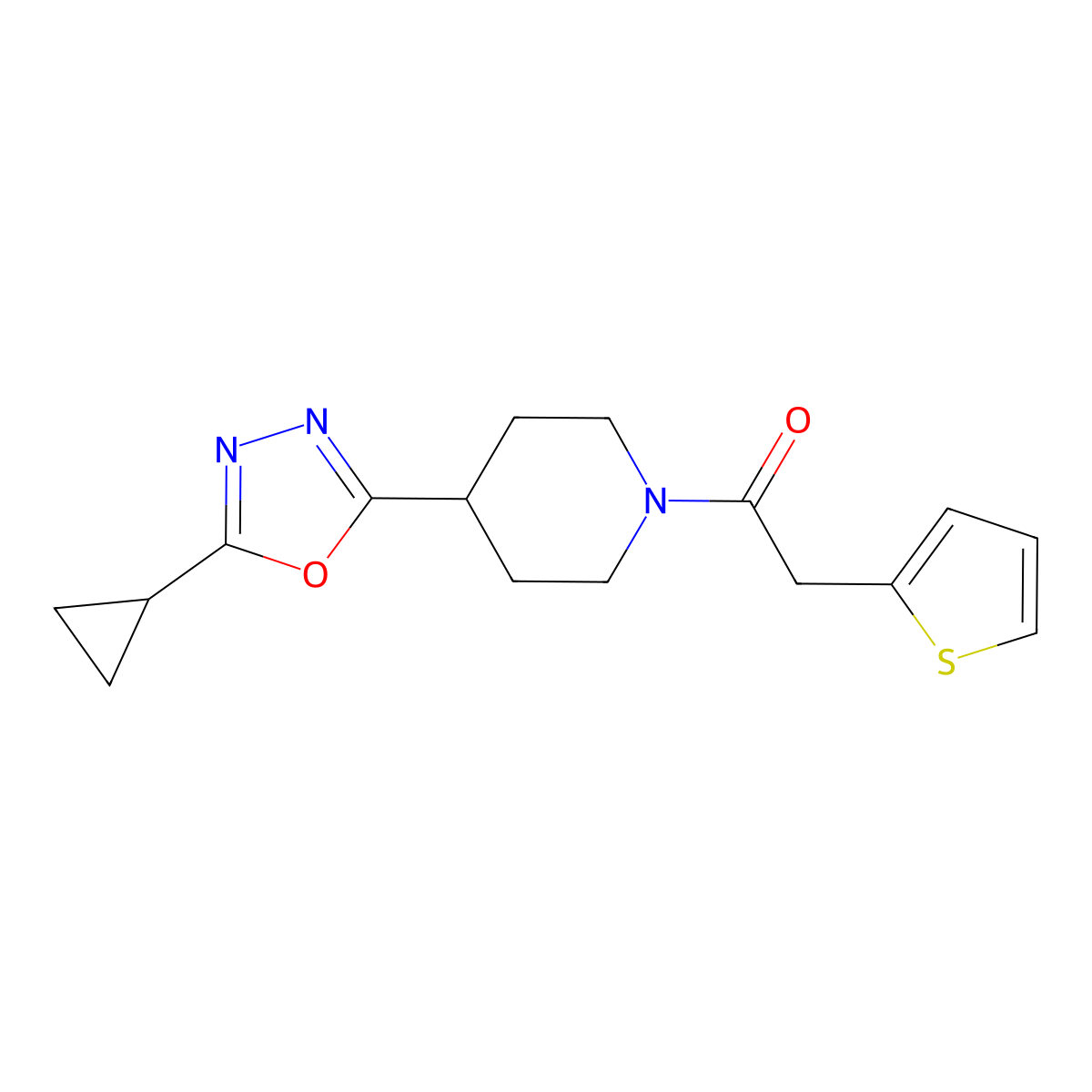 1-(4-(5-Cyclopropyl-1,3,4-oxadiazol-2-yl)piperidin-1-yl)-2-(thiophen-2-yl)ethanone molecular structure, CAS 1210171-14-4