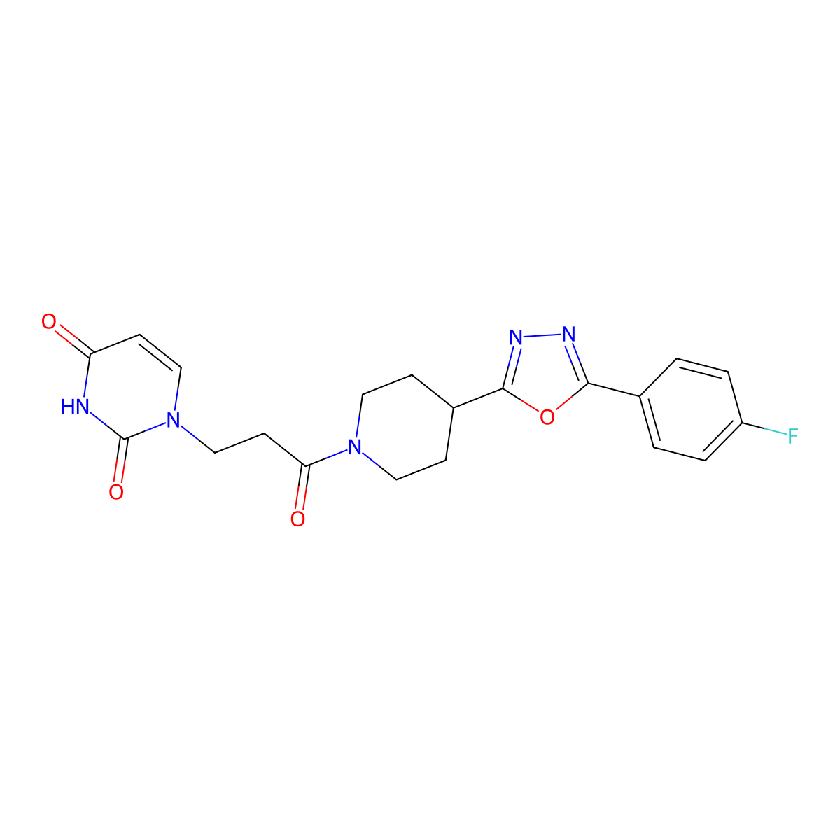 1-(3-(4-(5-(4-fluorophenyl)-1,3,4-oxadiazol-2-yl)piperidin-1-yl)-3-oxopropyl)pyrimidine-2,4(1H,3H)-dione molecular structure, CAS 1210178-06-5
