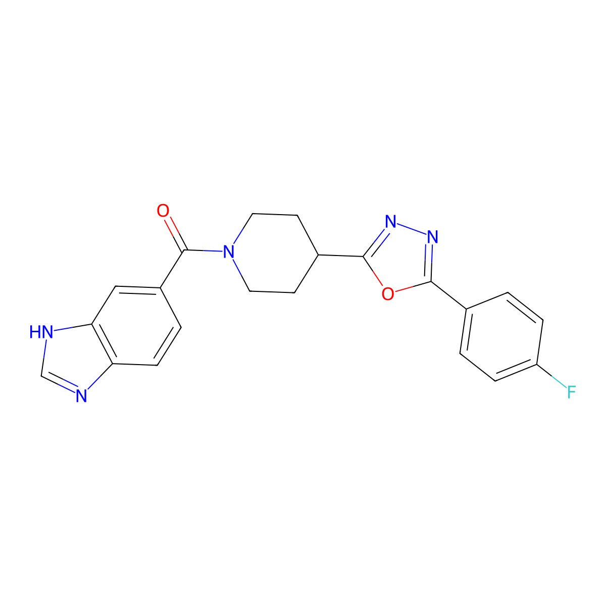 (1H-benzo[d]imidazol-5-yl)(4-(5-(4-fluorophenyl)-1,3,4-oxadiazol-2-yl)piperidin-1-yl)methanone molecular structure, CAS 1210184-76-1