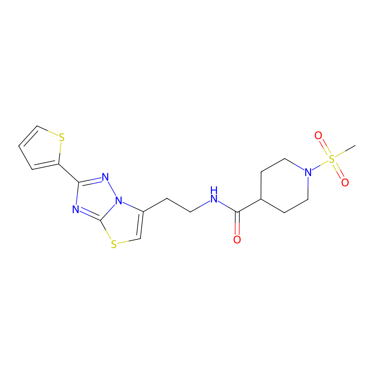 1-(methylsulfonyl)-N-(2-(2-(thiophen-2-yl)thiazolo[3,2-b][1,2,4]triazol-6-yl)ethyl)piperidine-4-carboxamide molecular structure, CAS 1210202-27-9