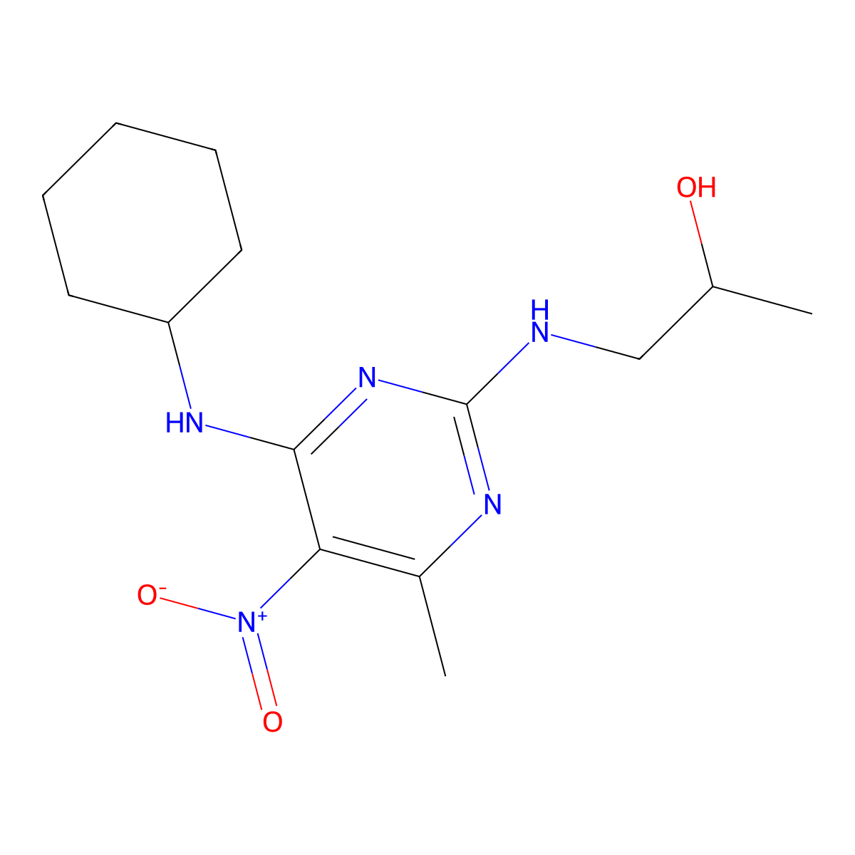 1-((4-(Cyclohexylamino)-6-methyl-5-nitropyrimidin-2-yl)amino)propan-2-ol molecular structure, CAS 1210207-57-0