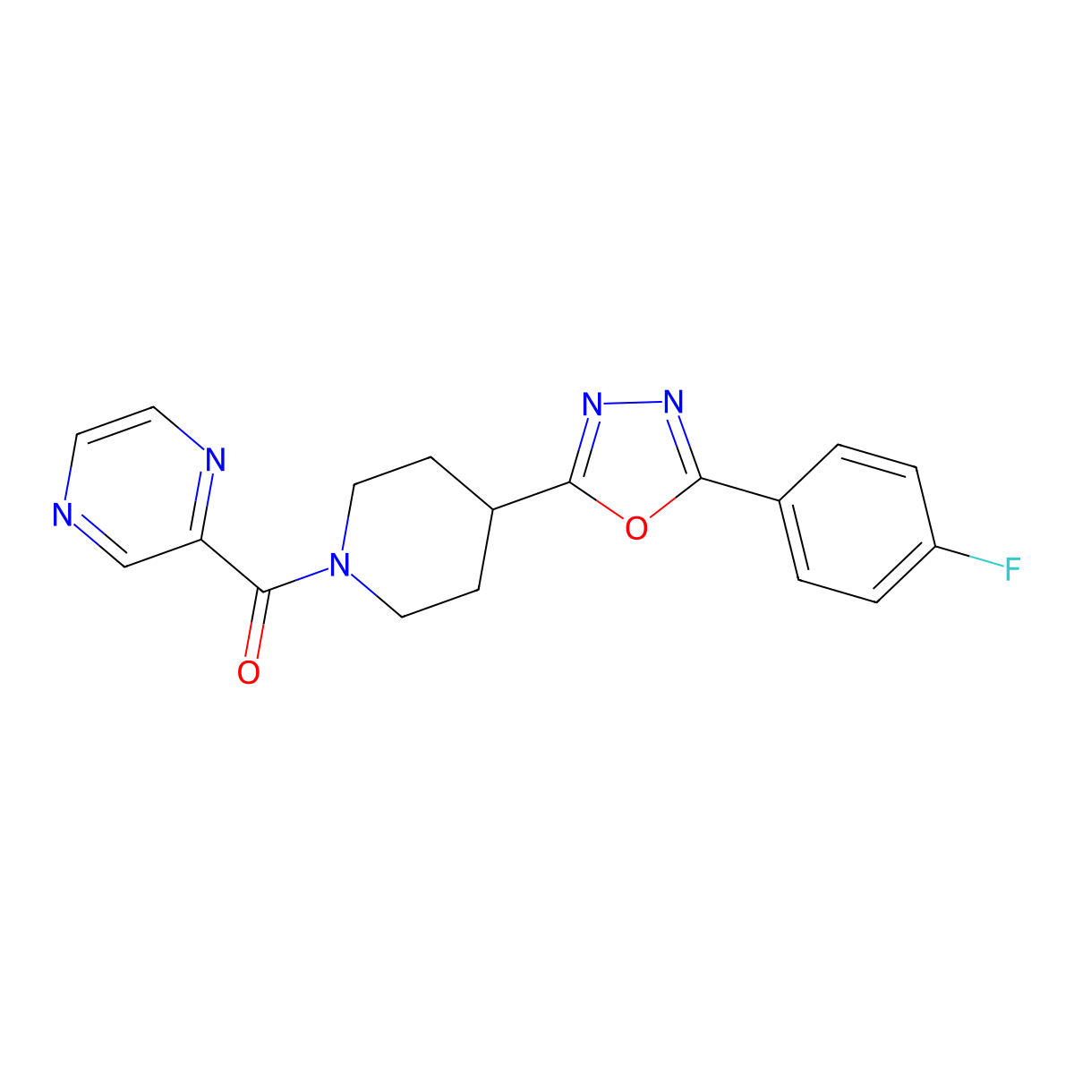 (4-(5-(4-Fluorophenyl)-1,3,4-oxadiazol-2-yl)piperidin-1-yl)(pyrazin-2-yl)methanone molecular structure, CAS 1210210-53-9