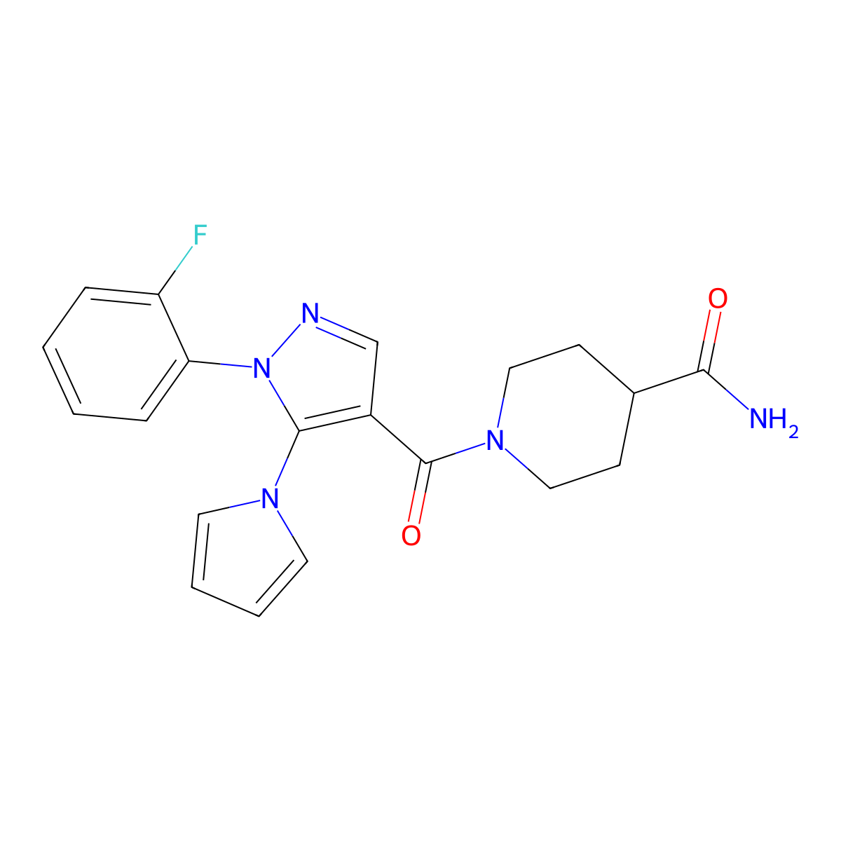 1-[1-(2-fluorophenyl)-5-(1H-pyrrol-1-yl)-1H-pyrazole-4-carbonyl]piperidine-4-carboxamide molecular structure, CAS 1210212-75-1