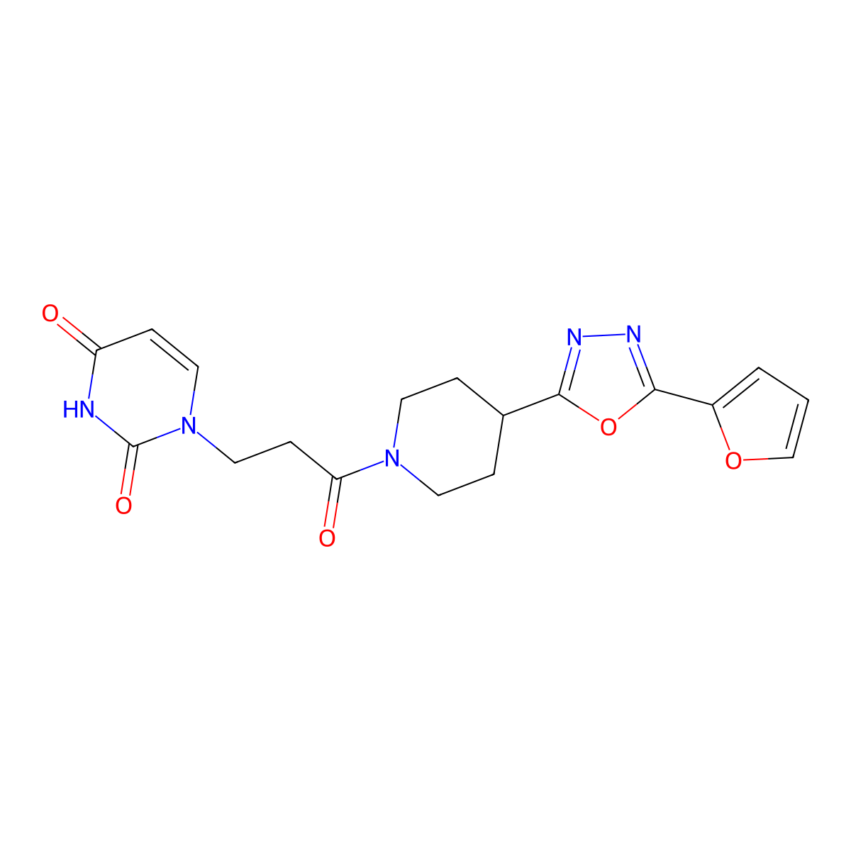 1-(3-(4-(5-(furan-2-yl)-1,3,4-oxadiazol-2-yl)piperidin-1-yl)-3-oxopropyl)pyrimidine-2,4(1H,3H)-dione molecular structure, CAS 1210213-33-4
