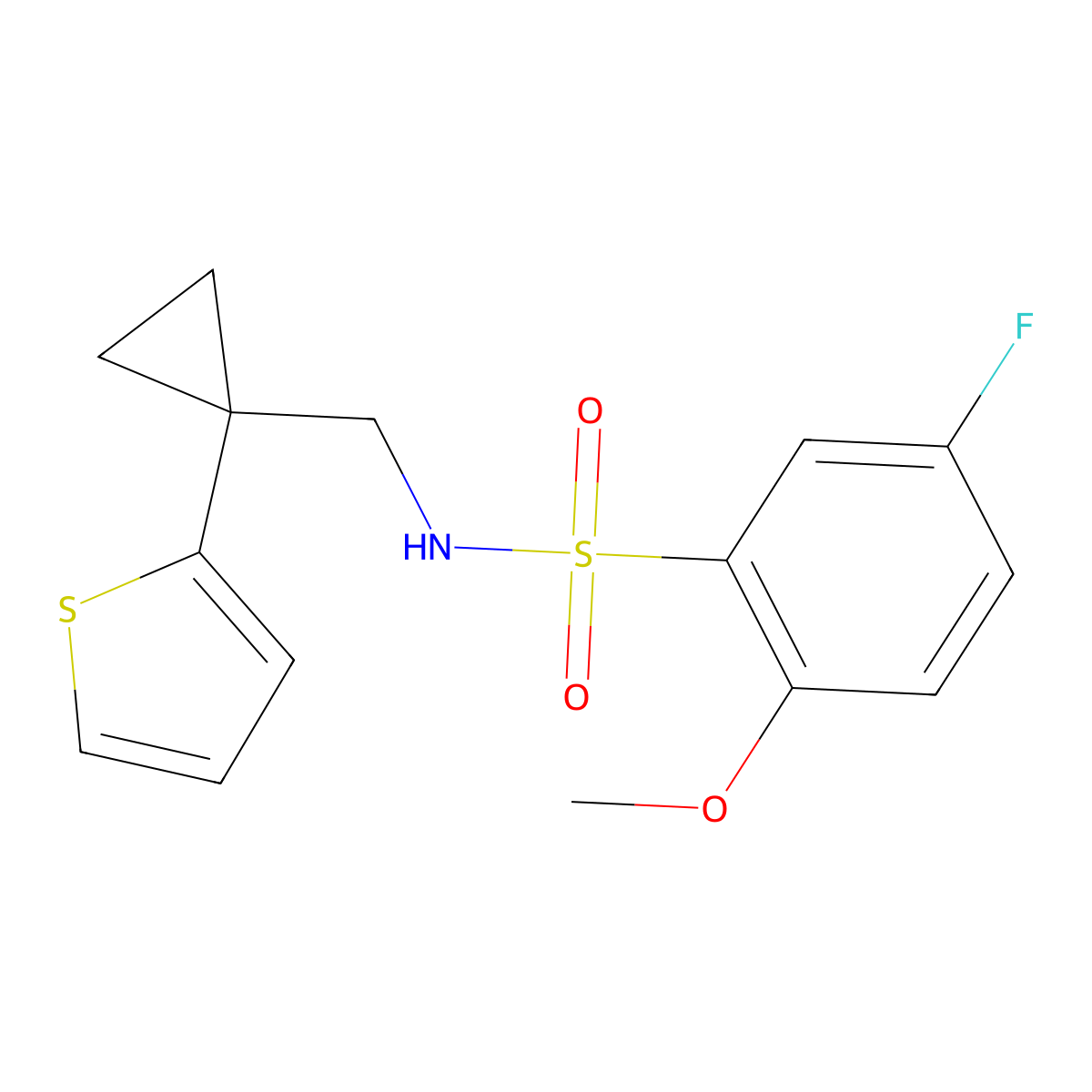 5-fluoro-2-methoxy-N-((1-(thiophen-2-yl)cyclopropyl)methyl)benzenesulfonamide molecular structure, CAS 1210213-72-1