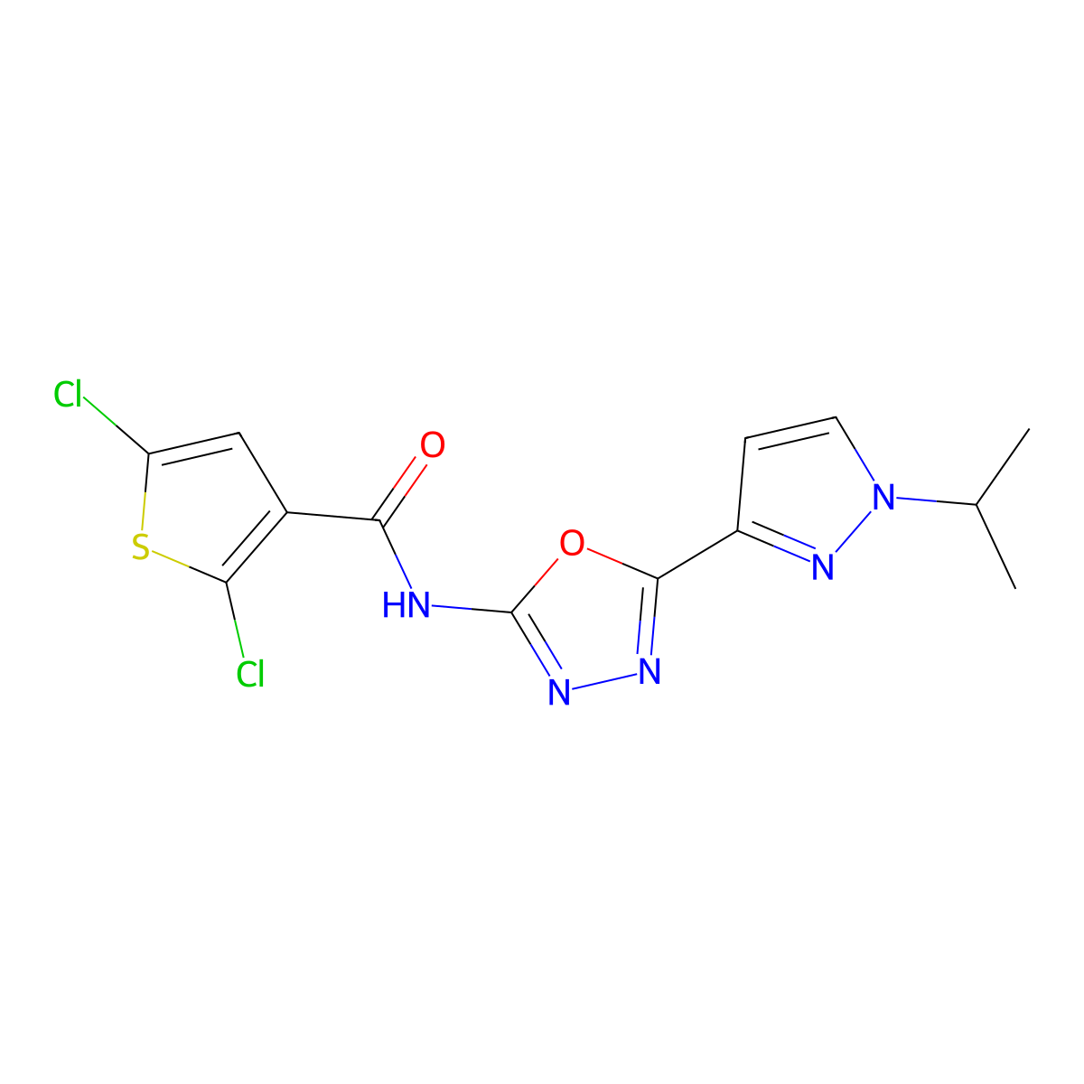 2,5-dichloro-N-(5-(1-isopropyl-1H-pyrazol-3-yl)-1,3,4-oxadiazol-2-yl)thiophene-3-carboxamide molecular structure, CAS 1210228-77-5