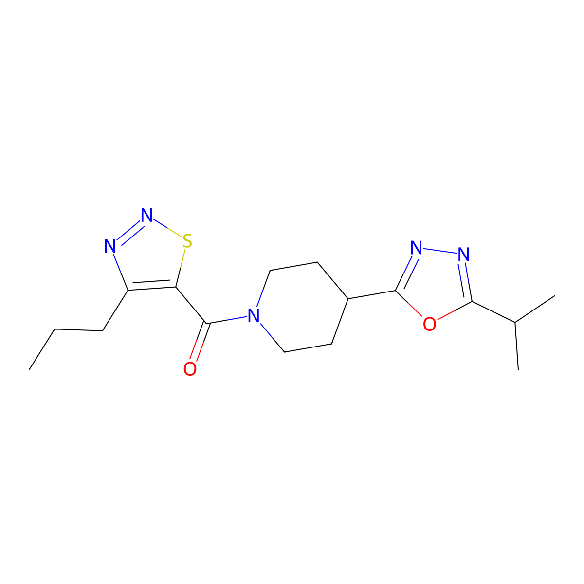 (4-(5-Isopropyl-1,3,4-oxadiazol-2-yl)piperidin-1-yl)(4-propyl-1,2,3-thiadiazol-5-yl)methanone molecular structure, CAS 1210231-64-3