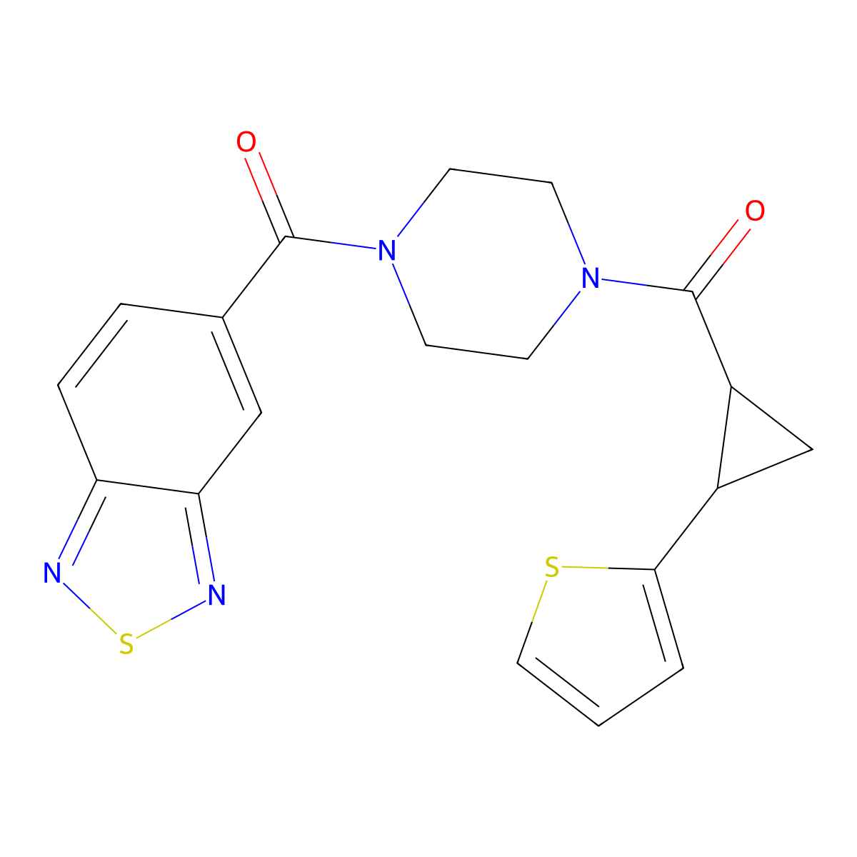 Benzo[c][1,2,5]thiadiazol-5-yl(4-(2-(thiophen-2-yl)cyclopropanecarbonyl)piperazin-1-yl)methanone molecular structure, CAS 1210234-77-7