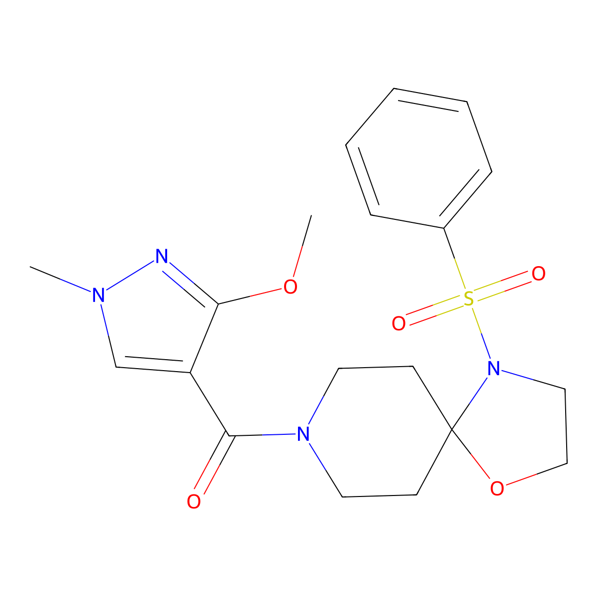 (3-methoxy-1-methyl-1H-pyrazol-4-yl)(4-(phenylsulfonyl)-1-oxa-4,8-diazaspiro[4.5]decan-8-yl)methanone molecular structure, CAS 1210235-25-8