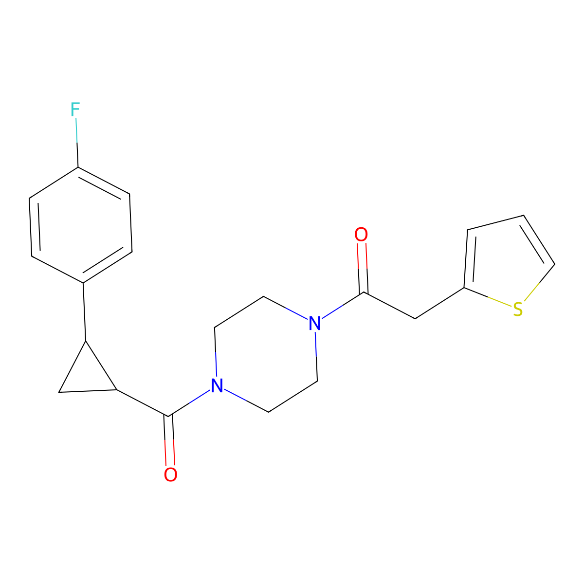 1-(4-(2-(4-Fluorophenyl)cyclopropanecarbonyl)piperazin-1-yl)-2-(thiophen-2-yl)ethanone molecular structure, CAS 1210235-85-0