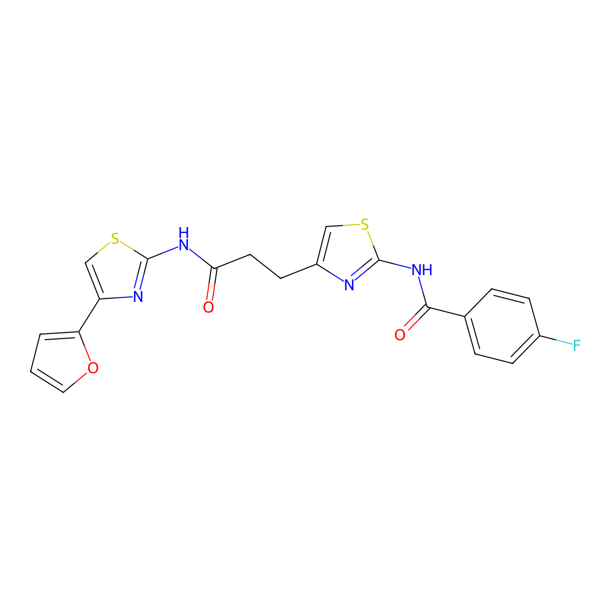 4-fluoro-N-(4-(3-((4-(furan-2-yl)thiazol-2-yl)amino)-3-oxopropyl)thiazol-2-yl)benzamide molecular structure, CAS 1210240-80-4