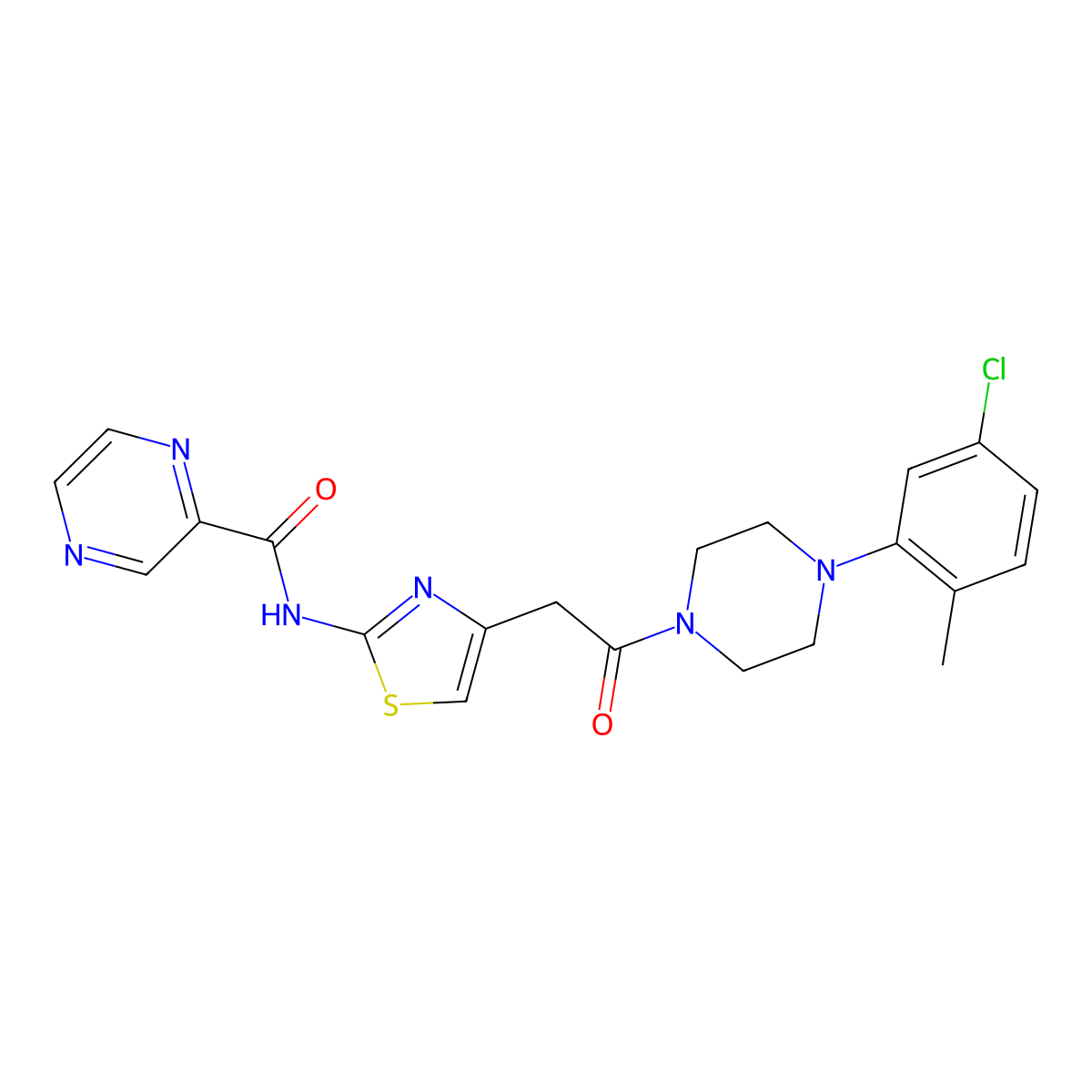 N-(4-(2-(4-(5-chloro-2-methylphenyl)piperazin-1-yl)-2-oxoethyl)thiazol-2-yl)pyrazine-2-carboxamide molecular structure, CAS 1210246-07-3