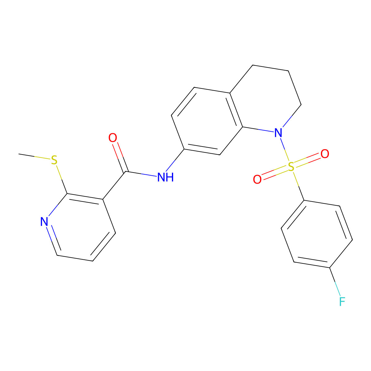 N-(1-((4-fluorophenyl)sulfonyl)-1,2,3,4-tetrahydroquinolin-7-yl)-2-(methylthio)nicotinamide molecular structure, CAS 1210247-99-6
